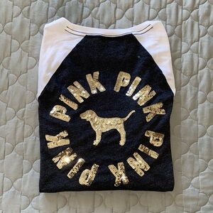 PINK Victoria's Secret Black and Gold Quarter Length Sleeve Tee